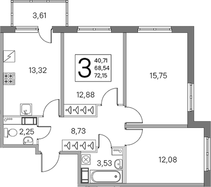 3-комнатная квартира 68.54 м², 2/5 эт., ЖК «ЮгТаун. Олимпийские кварталы»